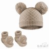 H610-BI: Biscuit Pom Pom Hat & Bootee Set (0-6m)